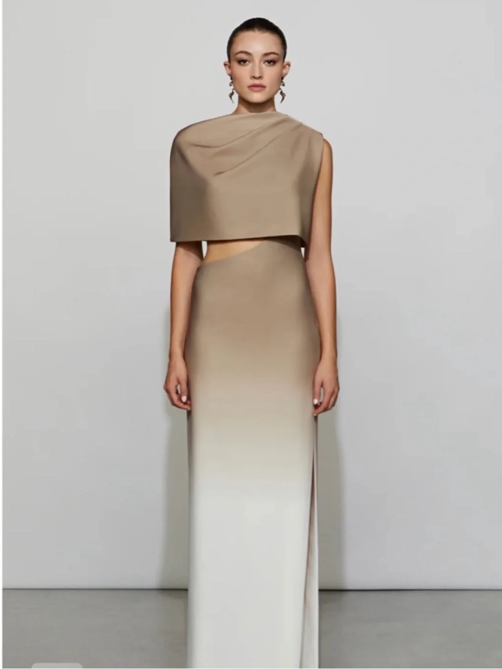 Et Ochs Tan Beige Ombre Maxi Dress with cutout and high slit and caplet Size 6 - Picture 1 of 4